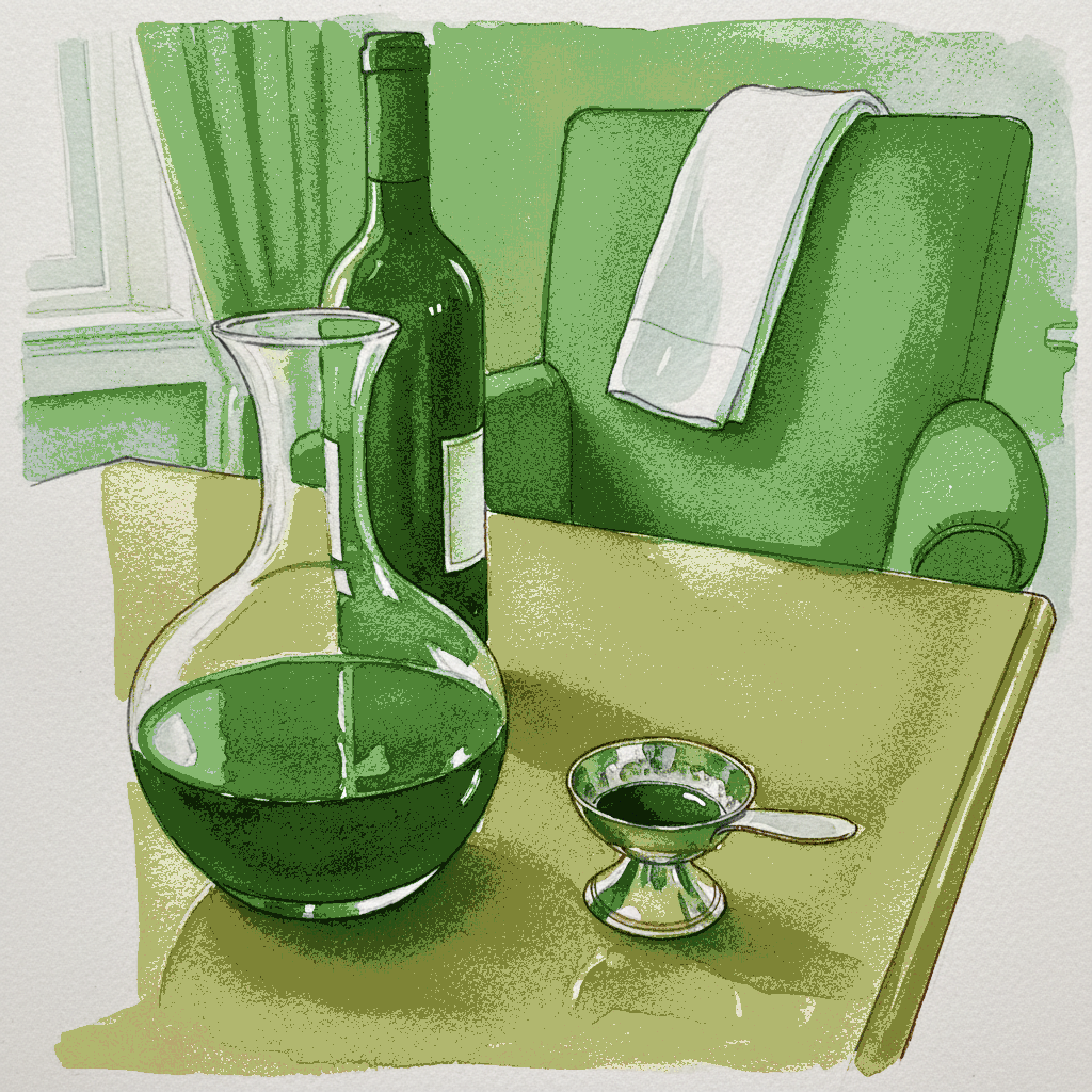 Sommelier's setup with decanter, tastevin, white napkin draped example 3