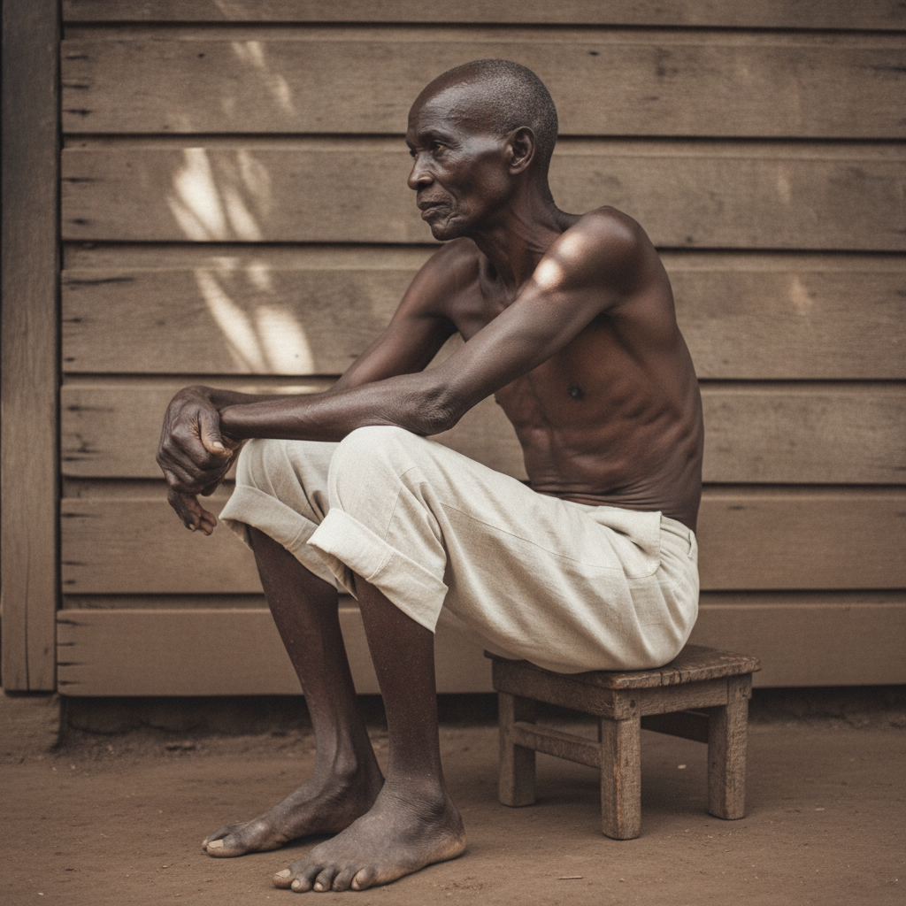 Reach across to grab opposite knee, elder at 71 AI-generated photoreal reference