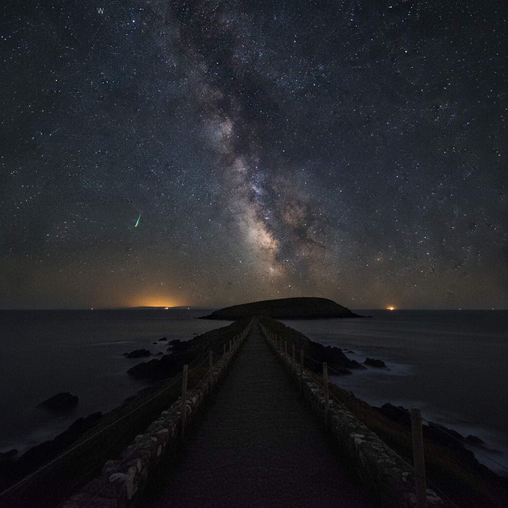 Sark Channel Island coast with Milky Way, Sark Dark Sky Island, UK AI-generated photoreal reference