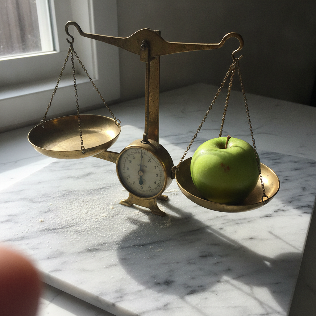 A green apple on a kitchen scale AI-generated photoreal reference