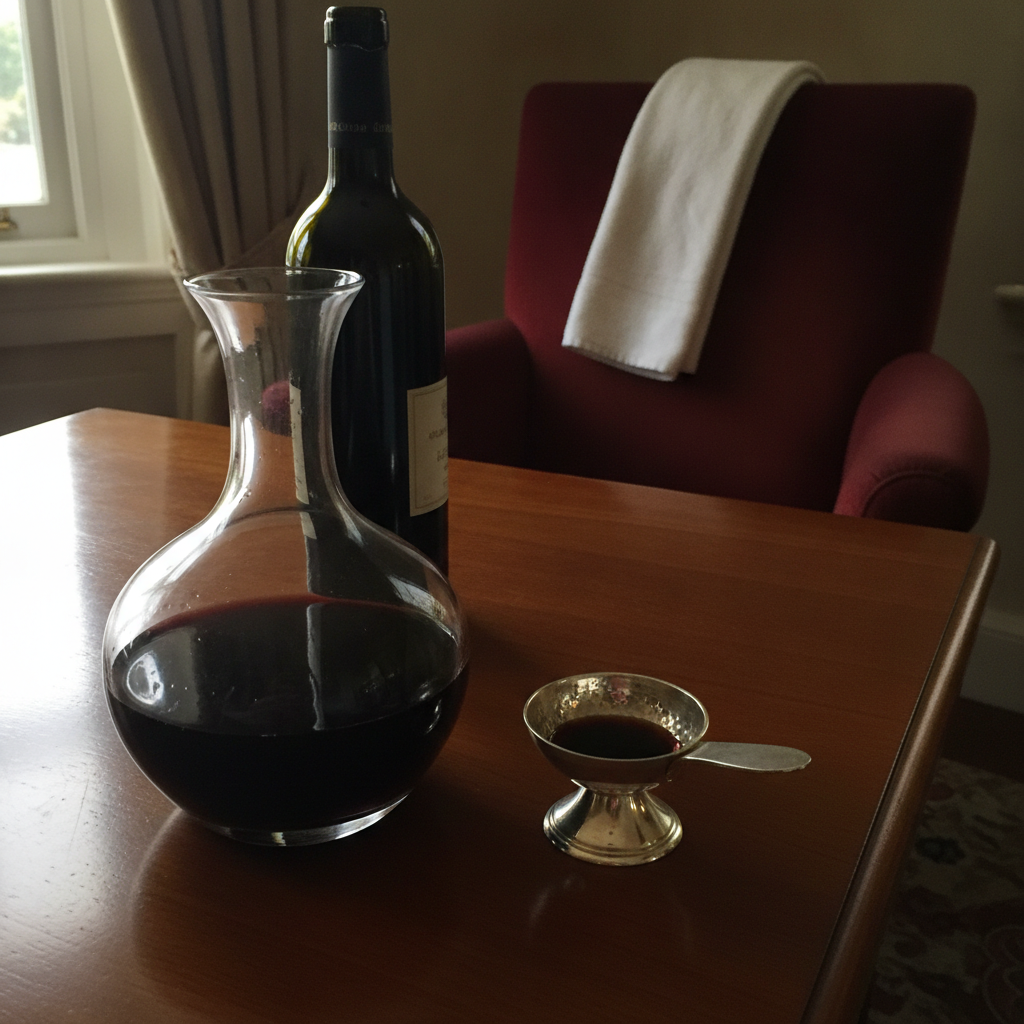 Sommelier's setup with decanter, tastevin, white napkin draped AI-generated photoreal reference
