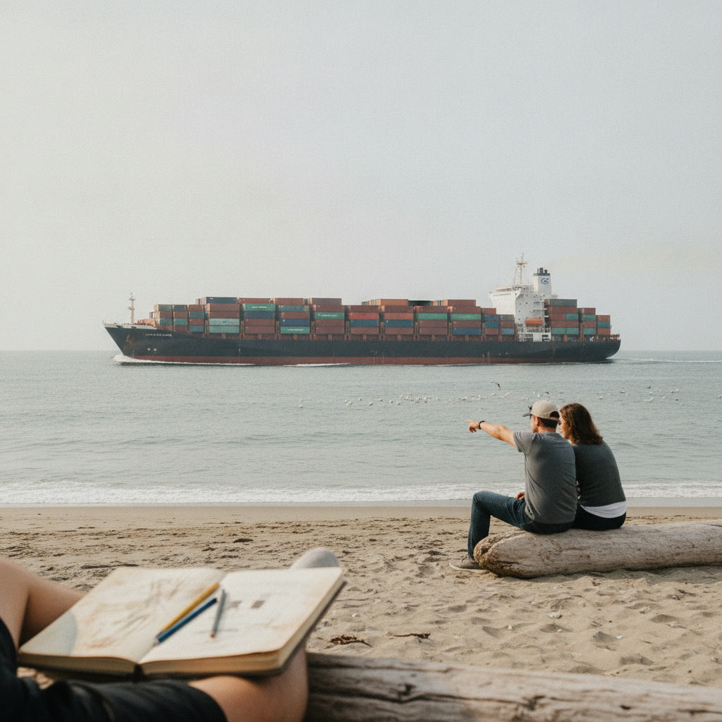 Container ship in distance AI-generated photoreal reference