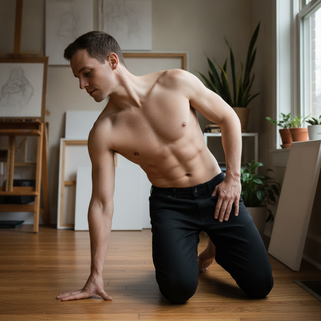 Kneeling on heels, twist with hand on floor AI-generated photoreal reference