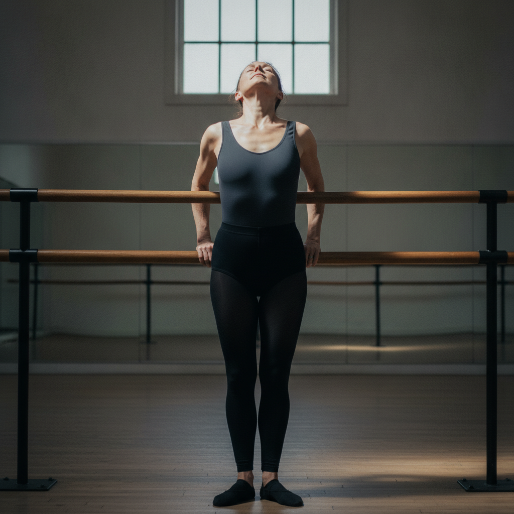 Woman, 40s, white, mature athletic build, both hands behind back on a barre AI-generated photoreal reference