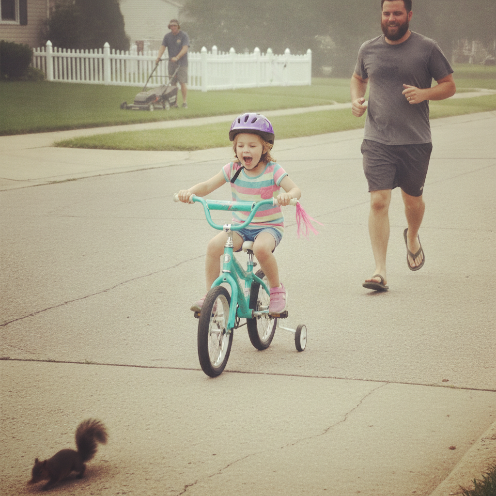 Kid on bicycle with training wheels AI-generated photoreal reference