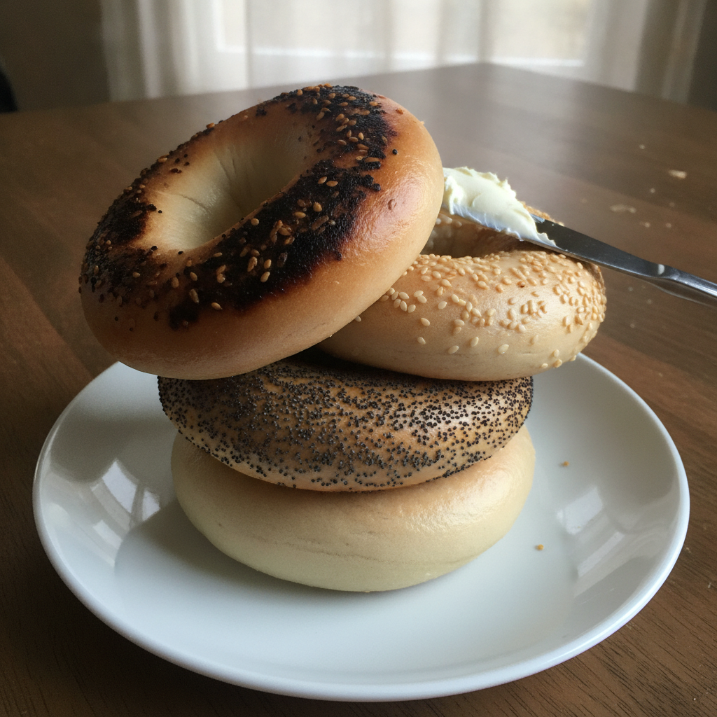 Bagels stacked four high AI-generated photoreal reference