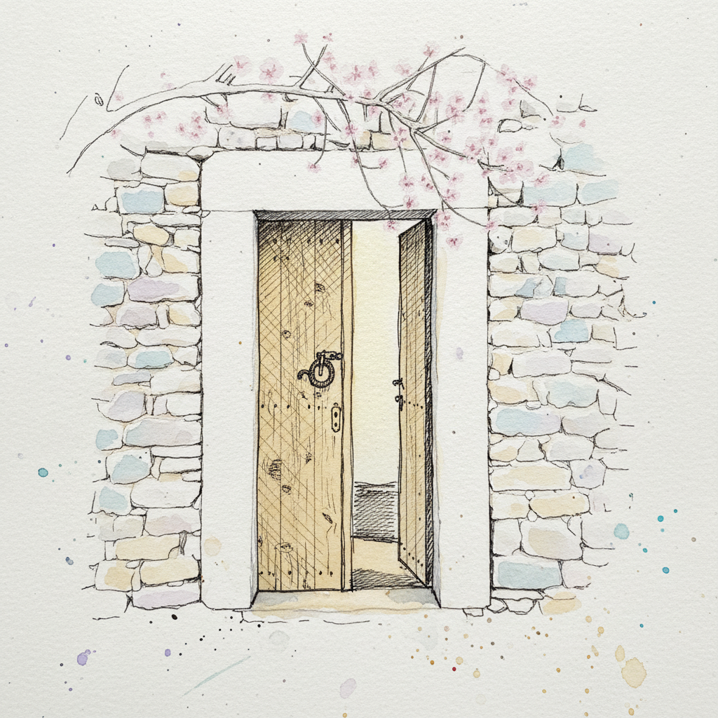 Mallorcan finca door in dry-stone wall, almond blossom example 1