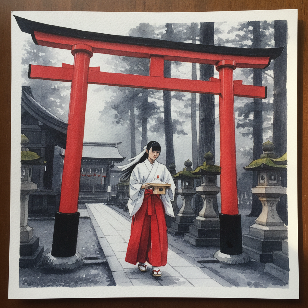 Shrine maiden passing through a torii example 1
