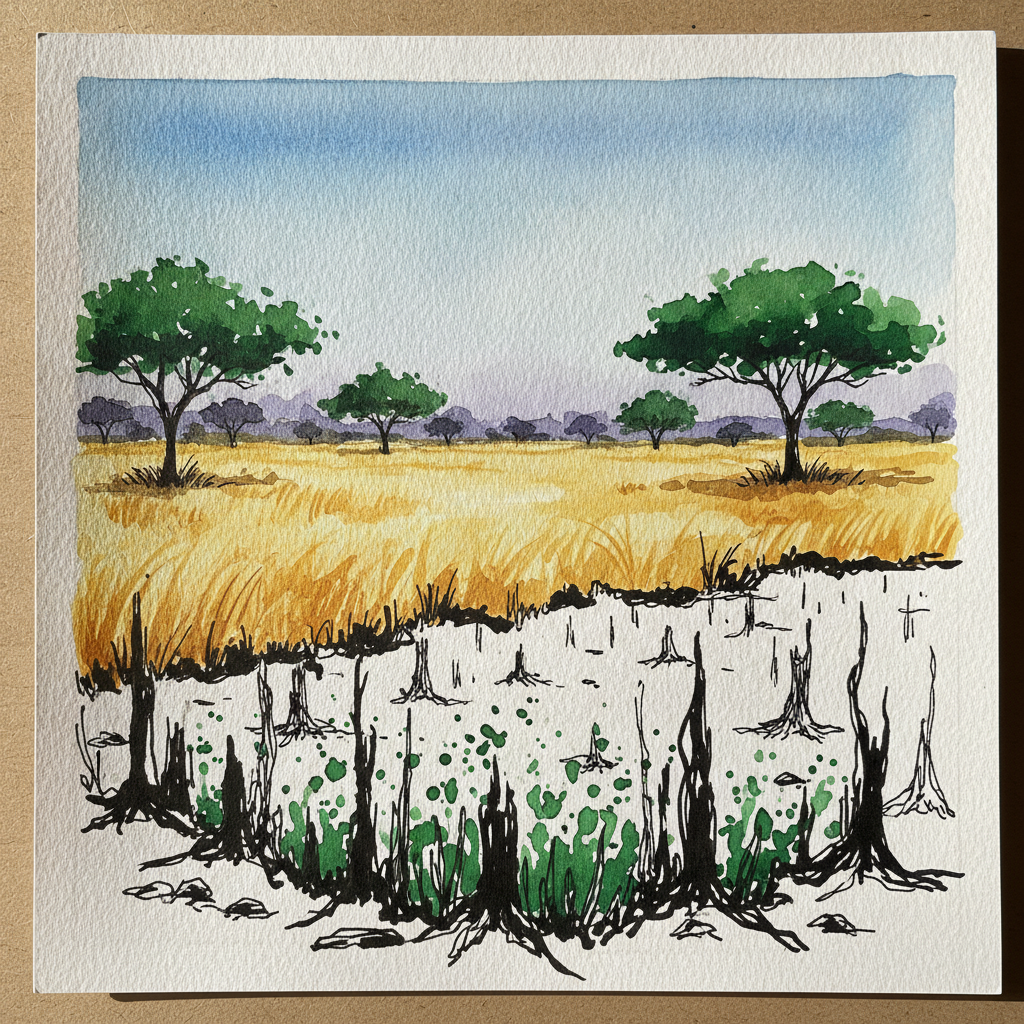 Fire-scarred grassland with regrowth, Kruger — central section after late winter burn example 1