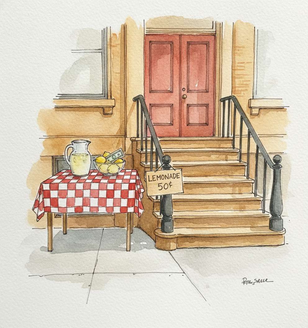 Brownstone stoop with a homemade lemonade stand example 1