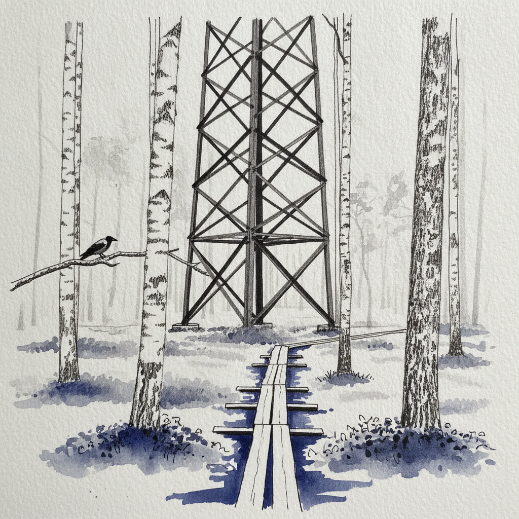 Lattice Tower Through Birch Wood example 1