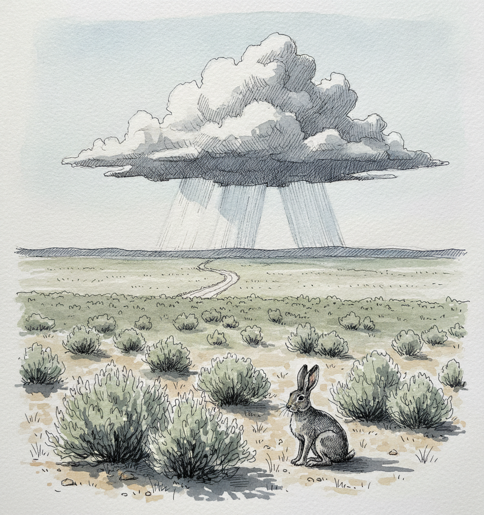 Rain shafts of virga over the Great Basin near Tonopah, Nevada example 1