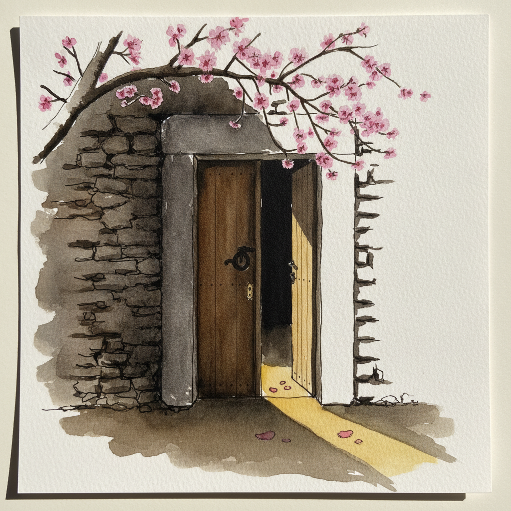 Mallorcan finca door in dry-stone wall, almond blossom example 2