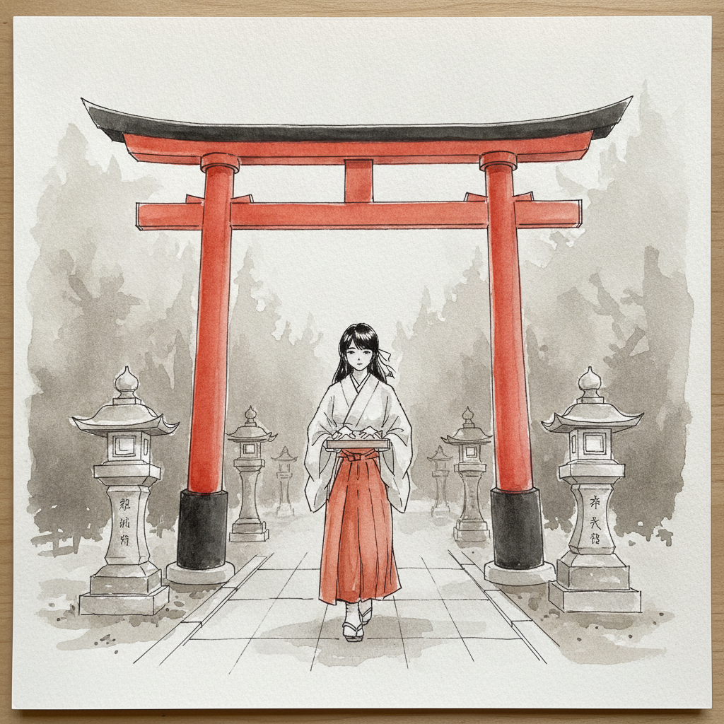 Shrine maiden passing through a torii example 2