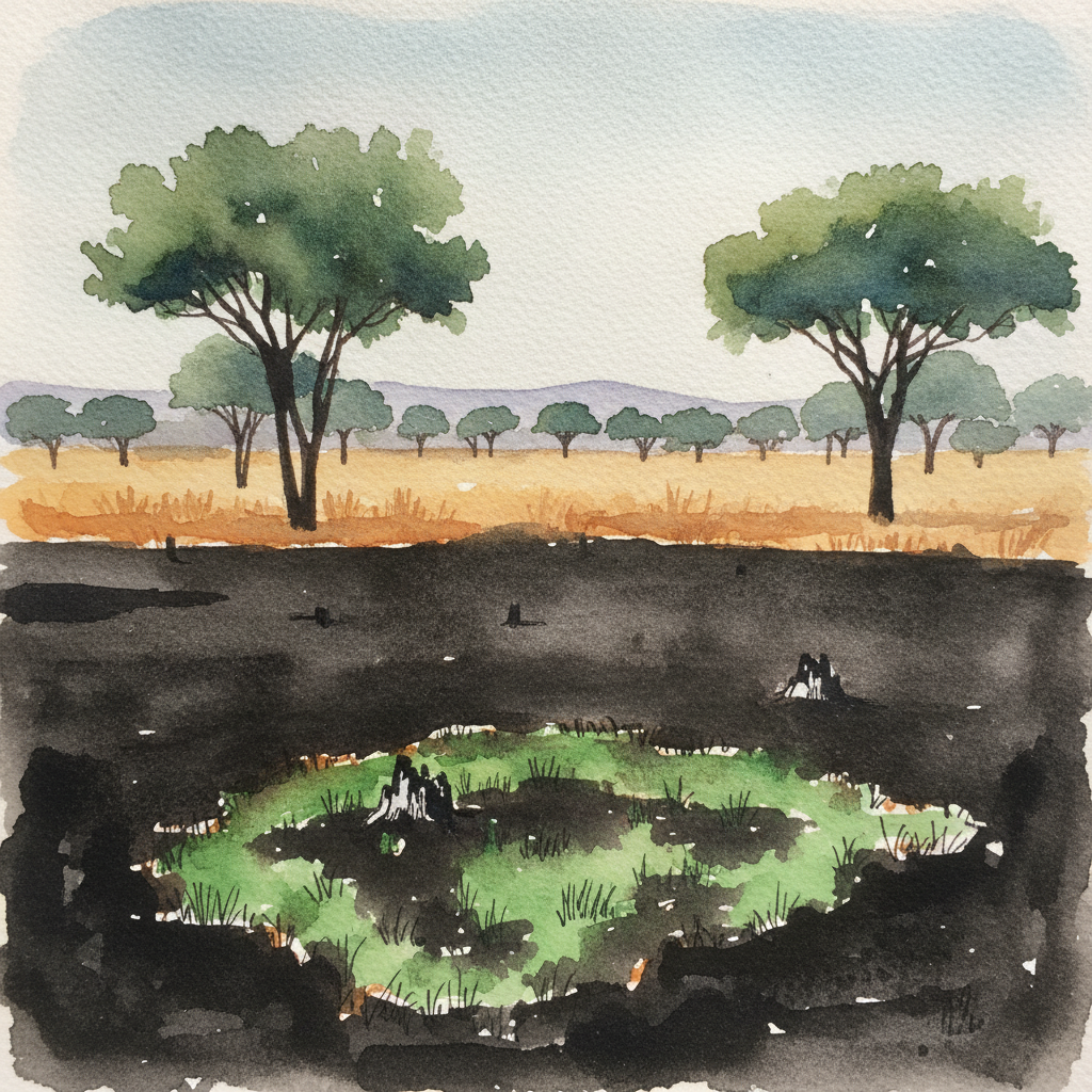 Fire-scarred grassland with regrowth, Kruger — central section after late winter burn example 2