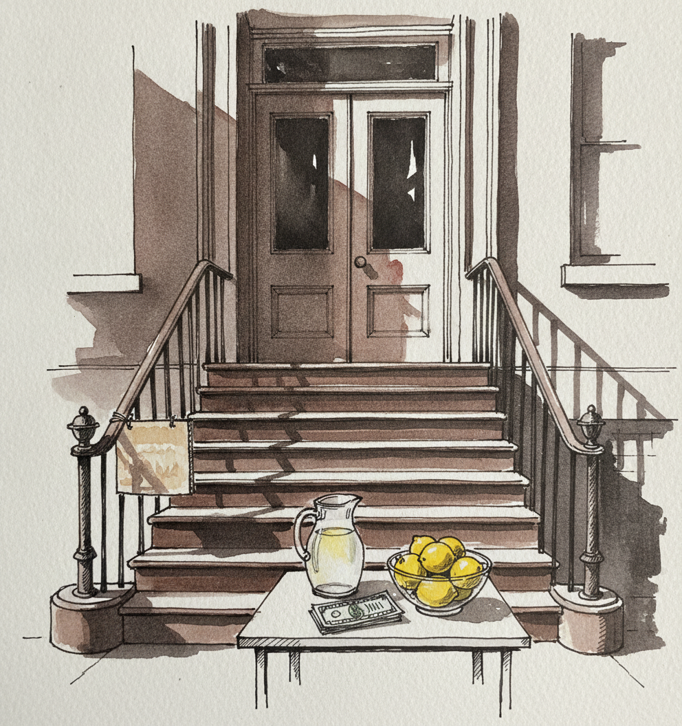 Brownstone stoop with a homemade lemonade stand example 2
