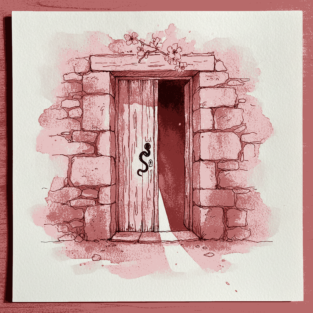 Mallorcan finca door in dry-stone wall, almond blossom example 3