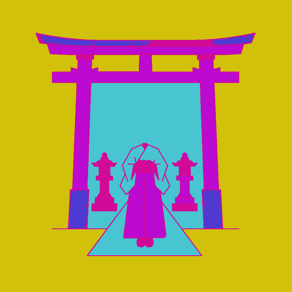 Shrine maiden passing through a torii example 3