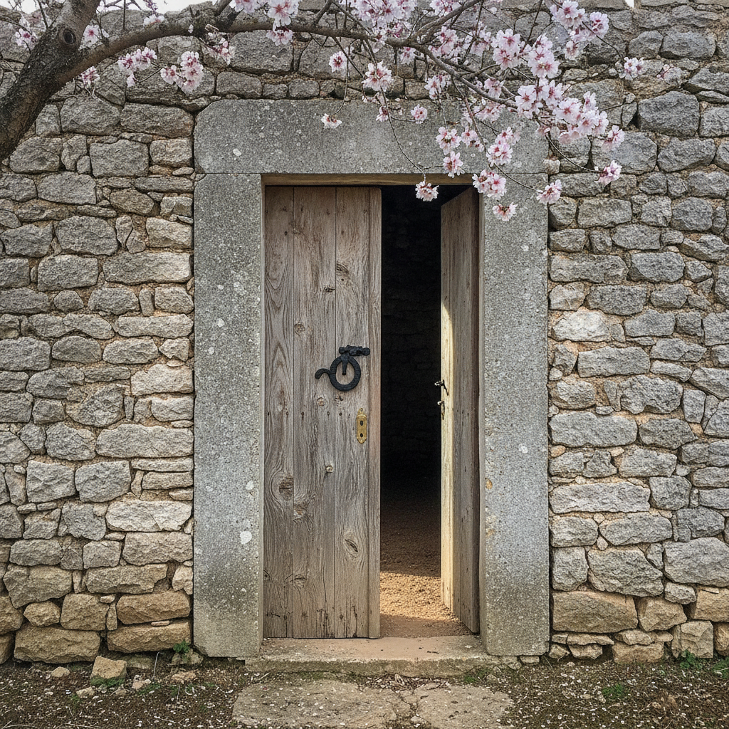 Mallorcan finca door in dry-stone wall, almond blossom AI-generated photoreal reference