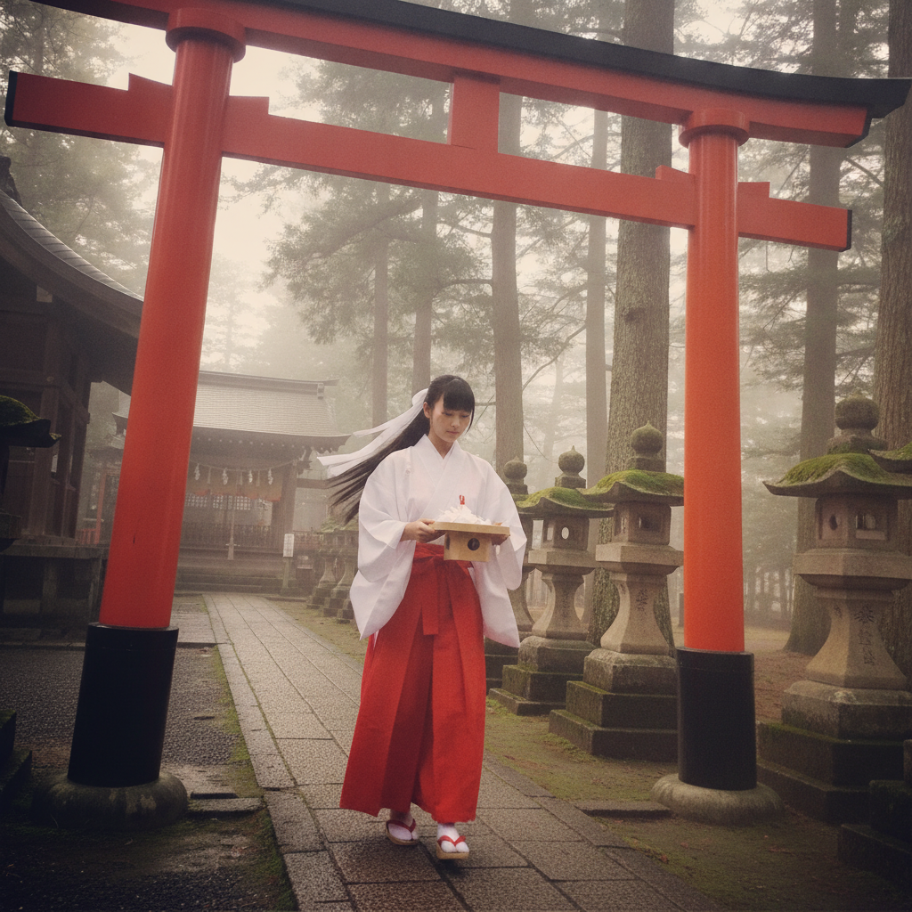 Shrine maiden passing through a torii AI-generated photoreal reference