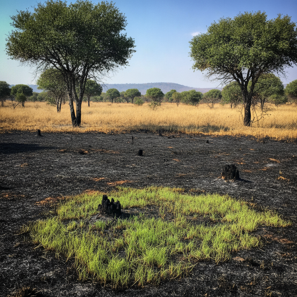 Fire-scarred grassland with regrowth, Kruger — central section after late winter burn AI-generated photoreal reference