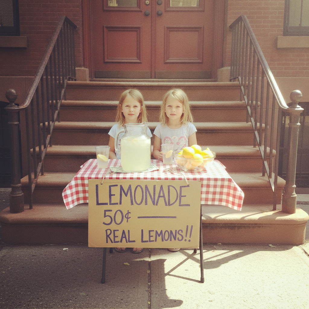 Brownstone stoop with a homemade lemonade stand AI-generated photoreal reference