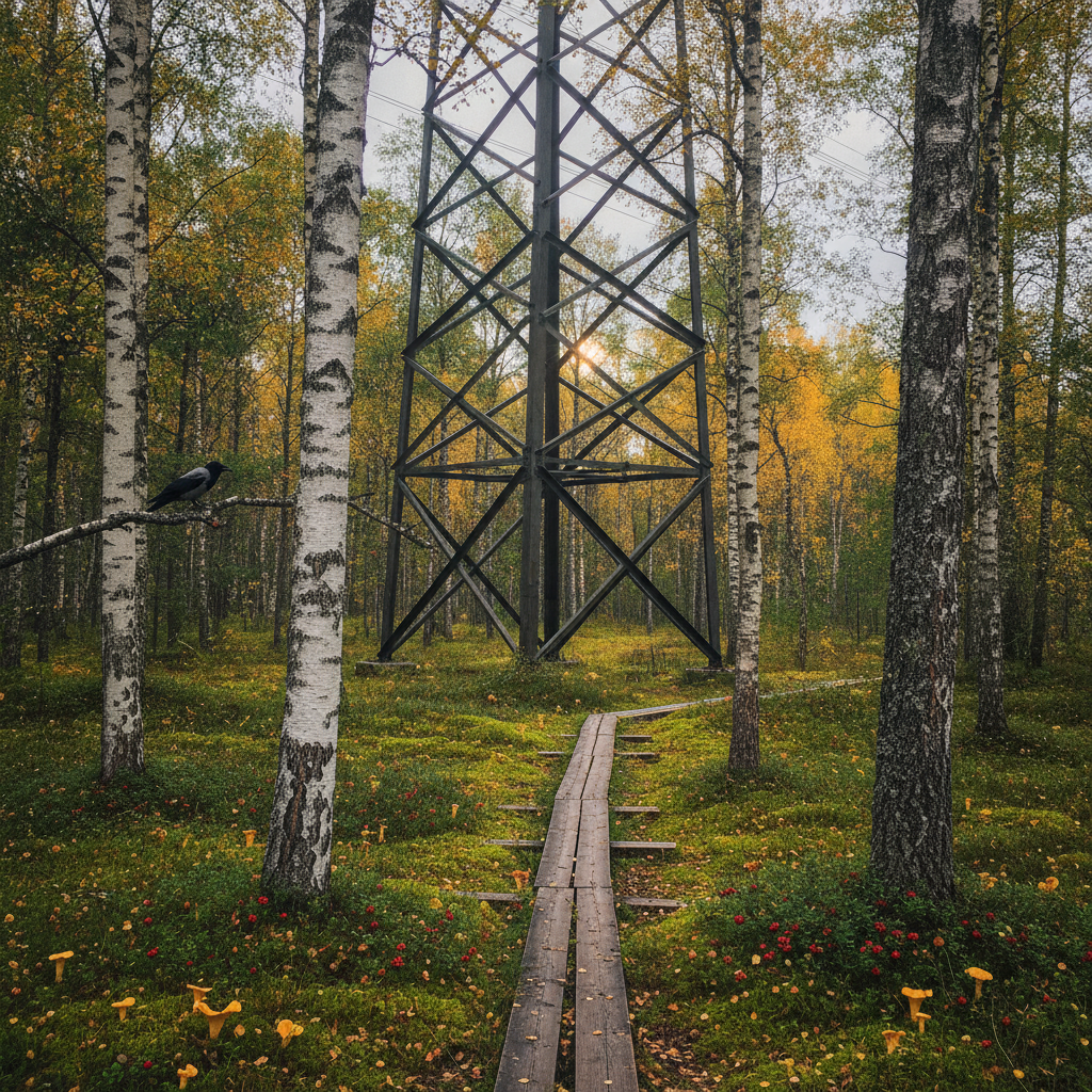 Lattice Tower Through Birch Wood AI-generated photoreal reference