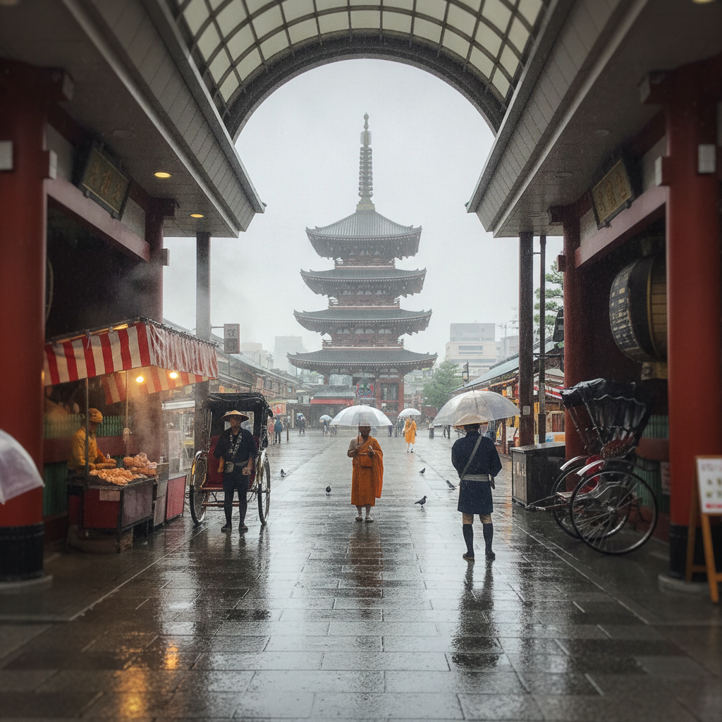 Tokyo Asakusa Senso-ji Approach in Rain AI-generated photoreal reference