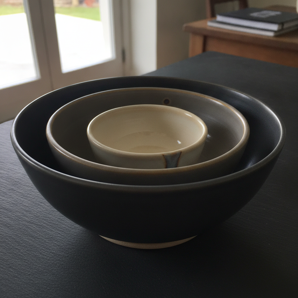 Nested set of three studio bowls AI-generated photoreal reference