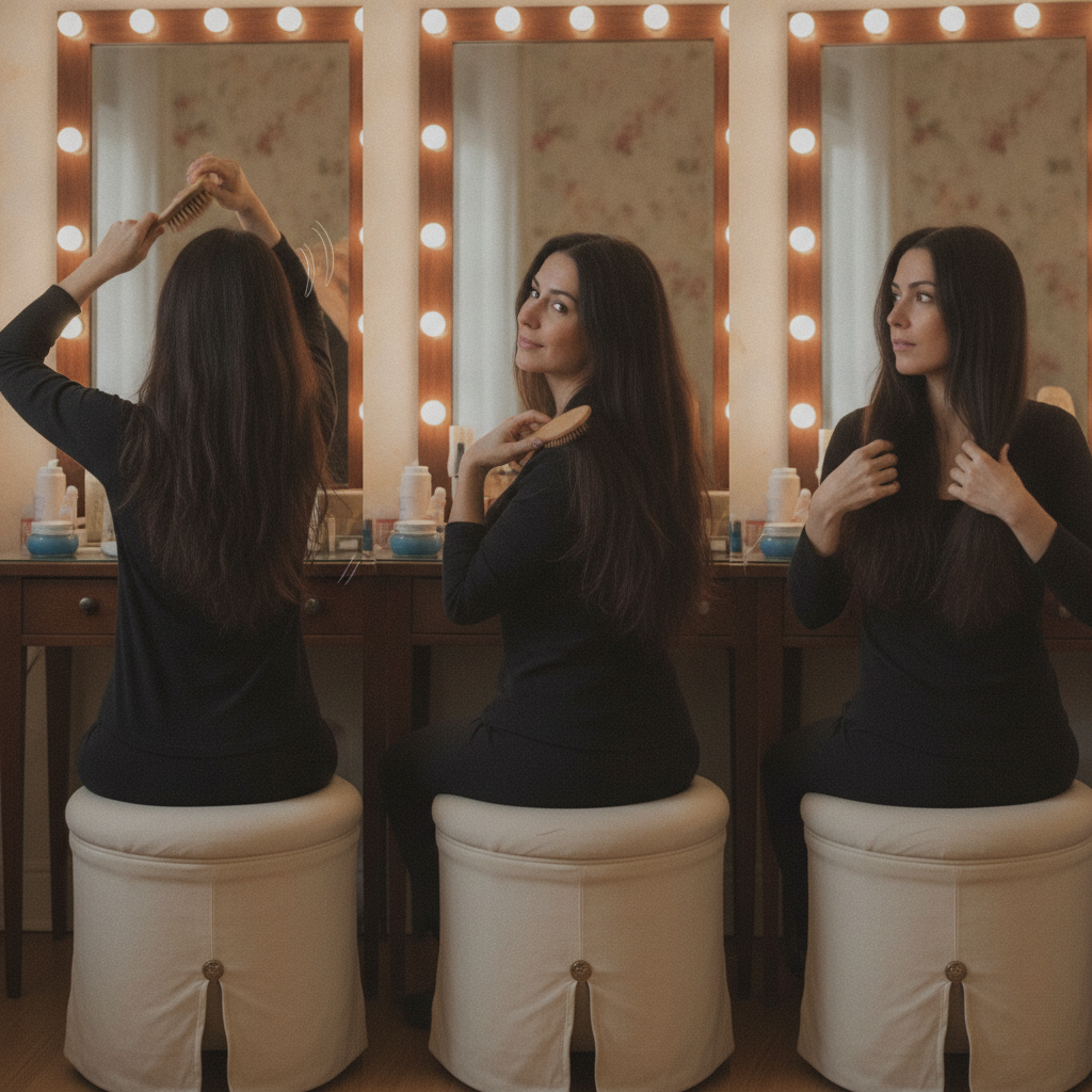 Brushing hair three vanity poses AI-generated photoreal reference