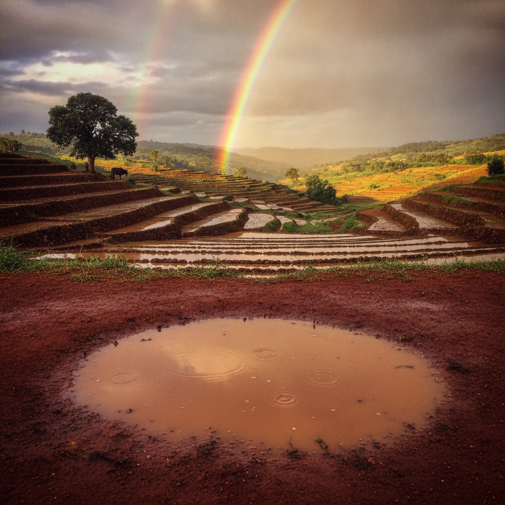Madagascar terraces post-rain AI-generated photoreal reference