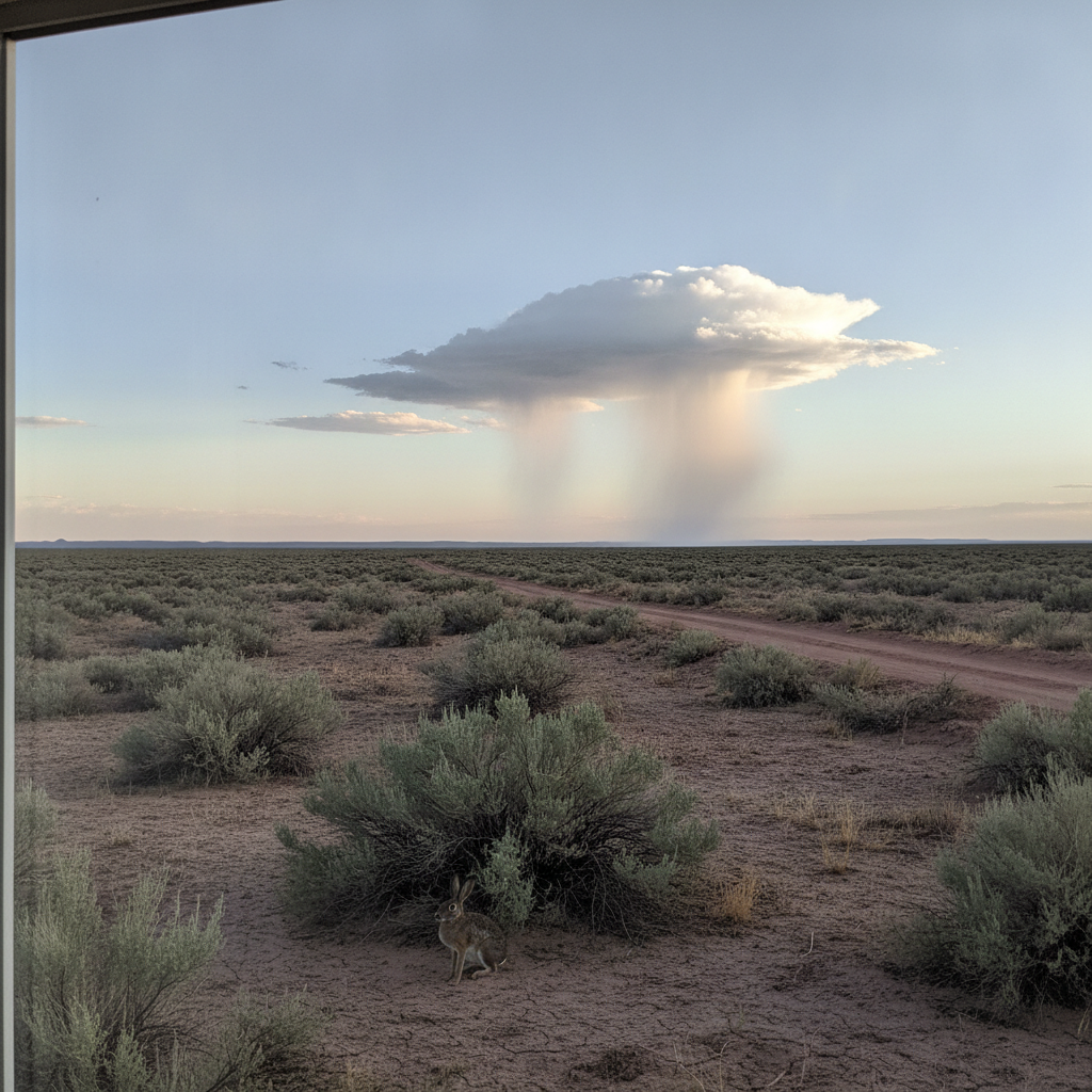 Rain shafts of virga over the Great Basin near Tonopah, Nevada AI-generated photoreal reference