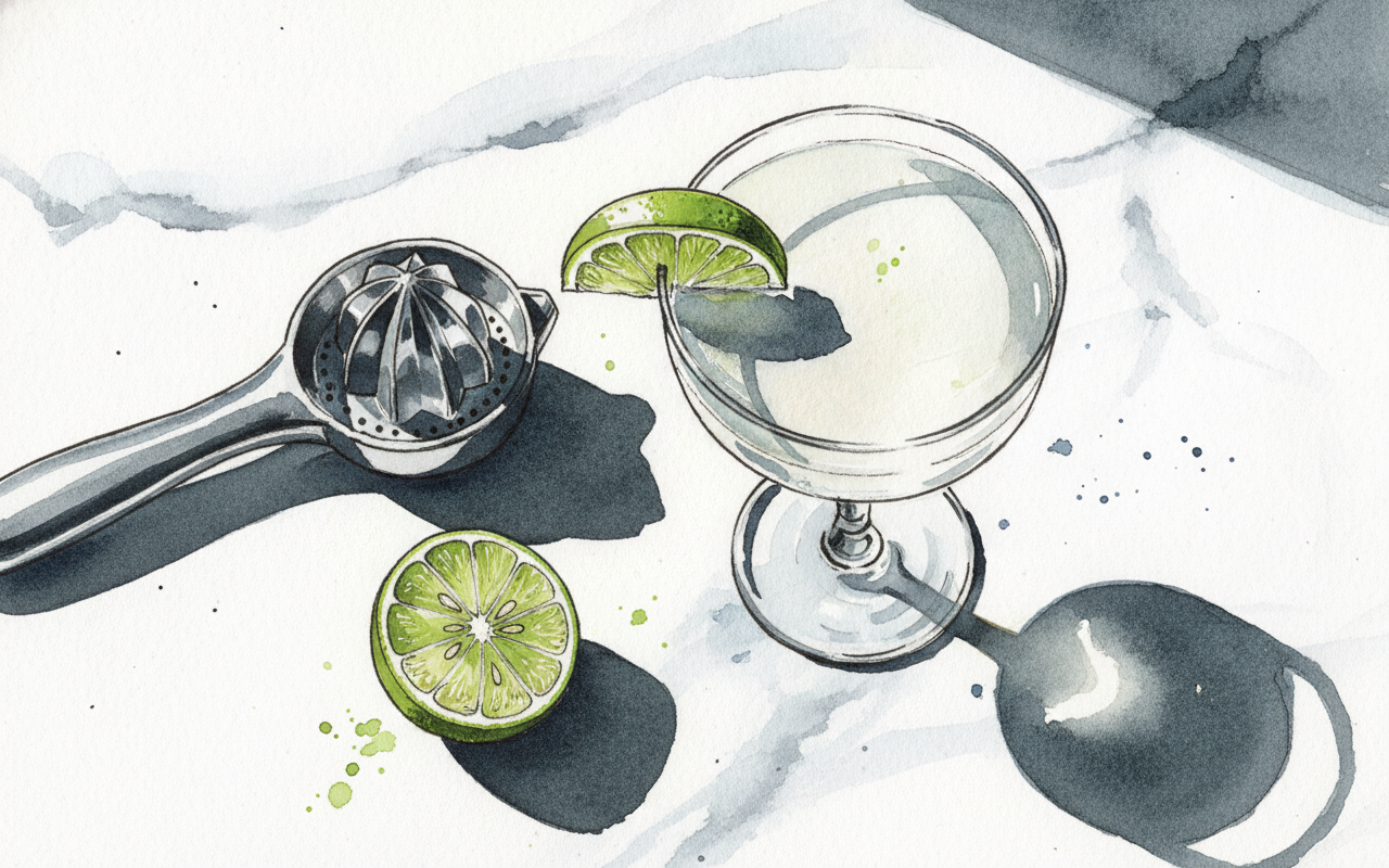 Gimlet in a small coupe, lime wheel pinned to the rim example 1