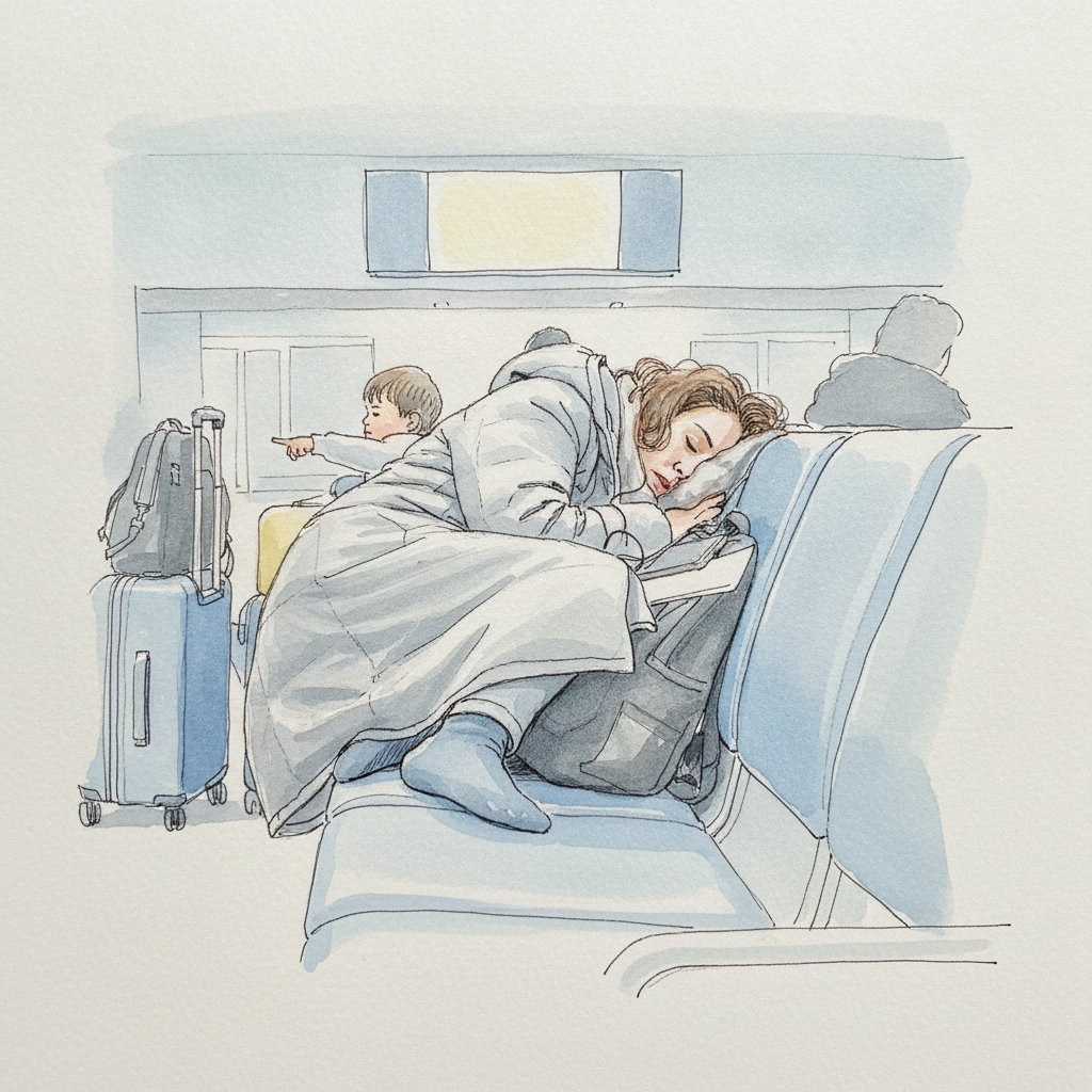 Person napping at airport example 1