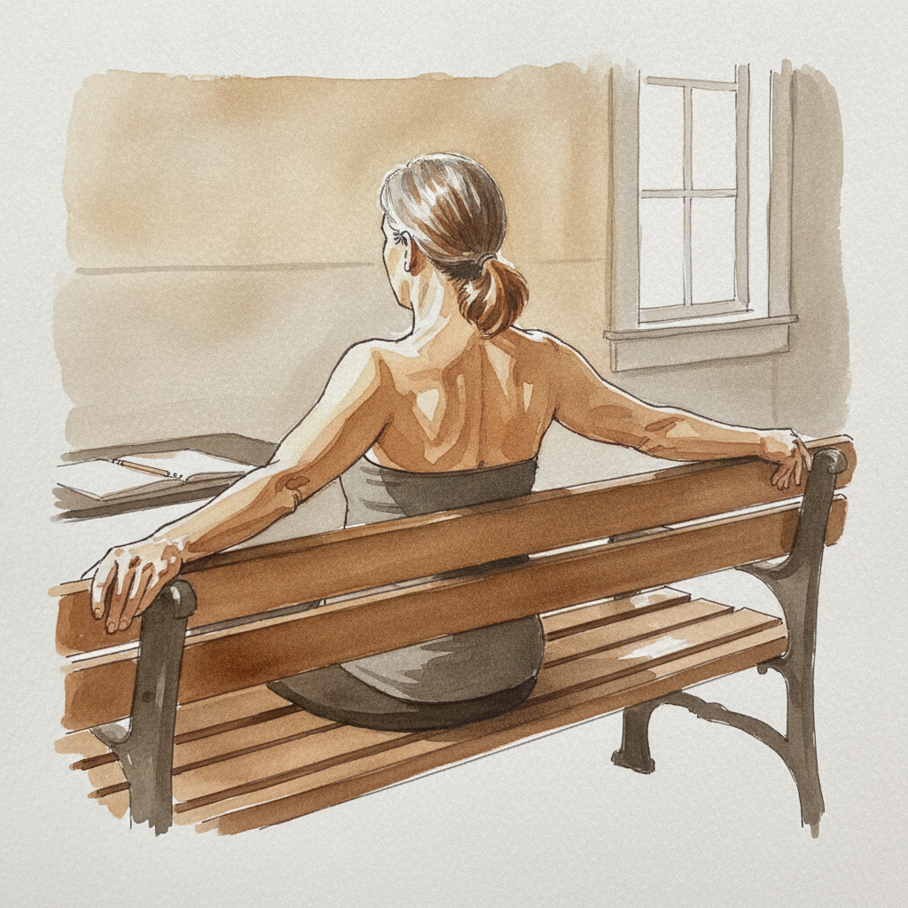 White woman 50s on bench, arms back example 1