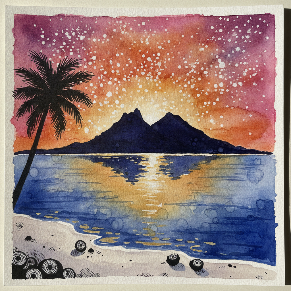 Bora Bora sunset from a leeward motu example 1