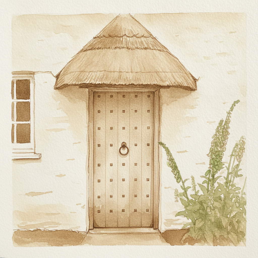 Devon cob wall door under thatch hood, drizzle example 1