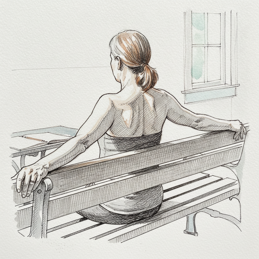 White woman 50s on bench, arms back example 2