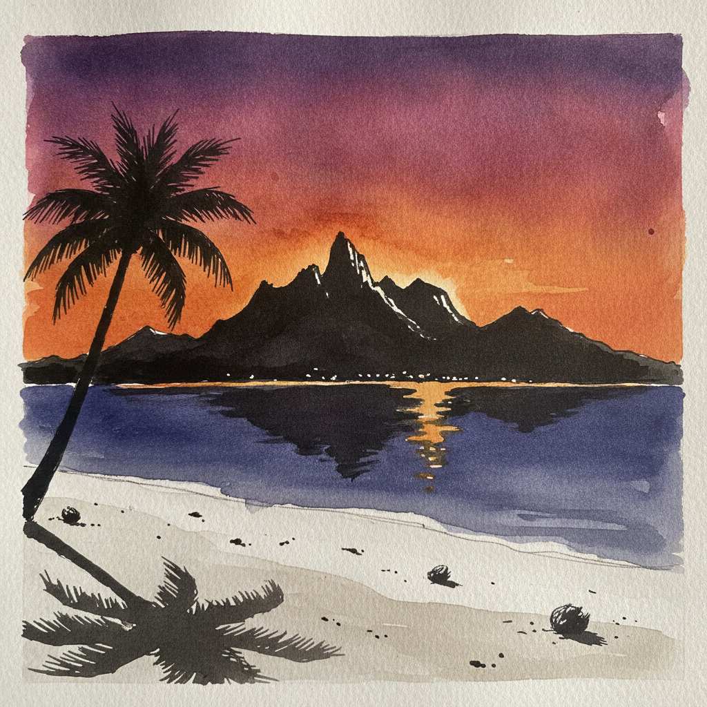 Bora Bora sunset from a leeward motu example 2