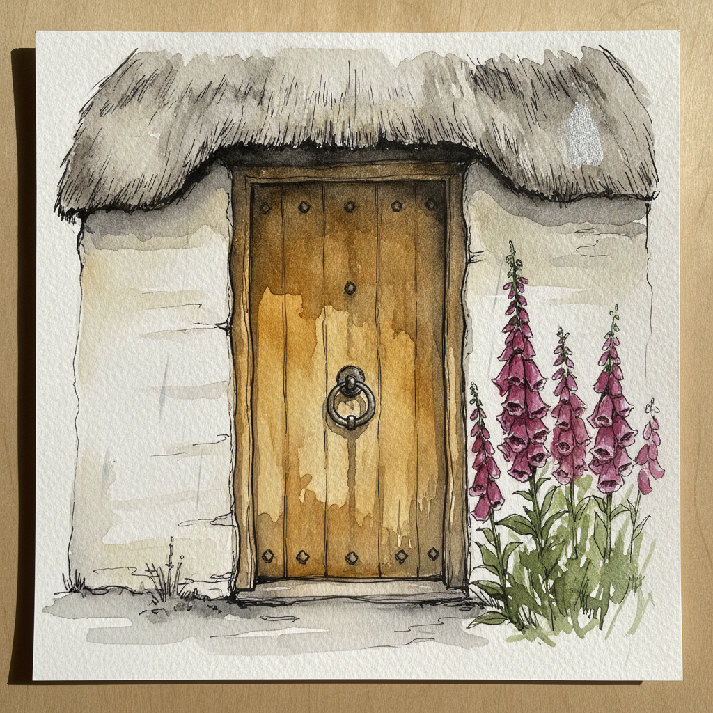 Devon cob wall door under thatch hood, drizzle example 2