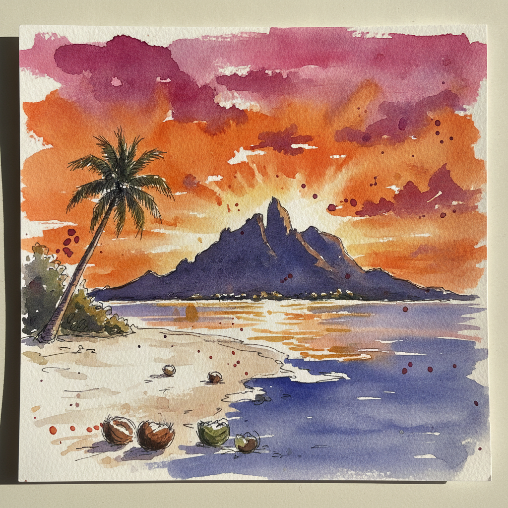 Bora Bora sunset from a leeward motu example 3