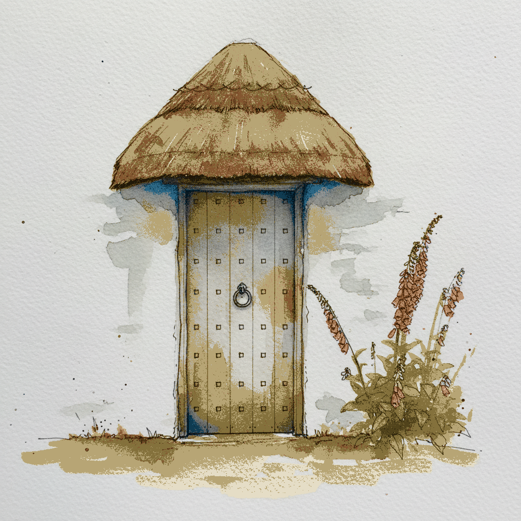 Devon cob wall door under thatch hood, drizzle example 3