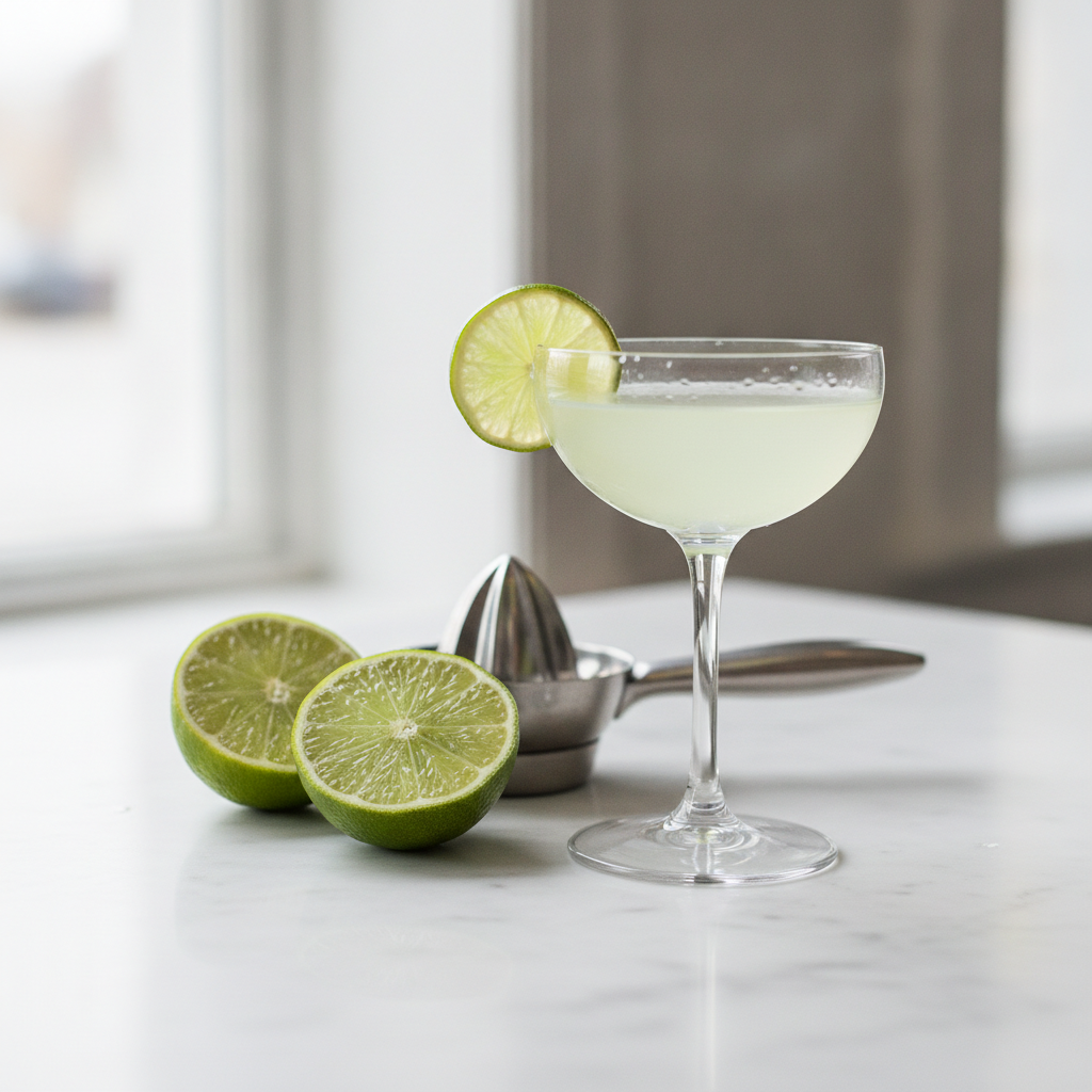 Gimlet in a small coupe, lime wheel pinned to the rim AI-generated photoreal reference