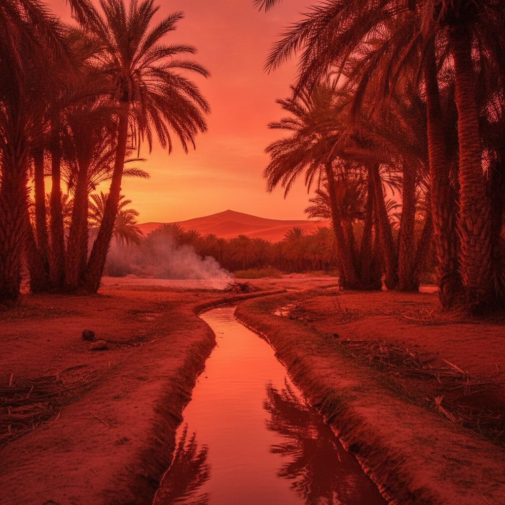 Sunset reds on Tafilalt grove AI-generated photoreal reference