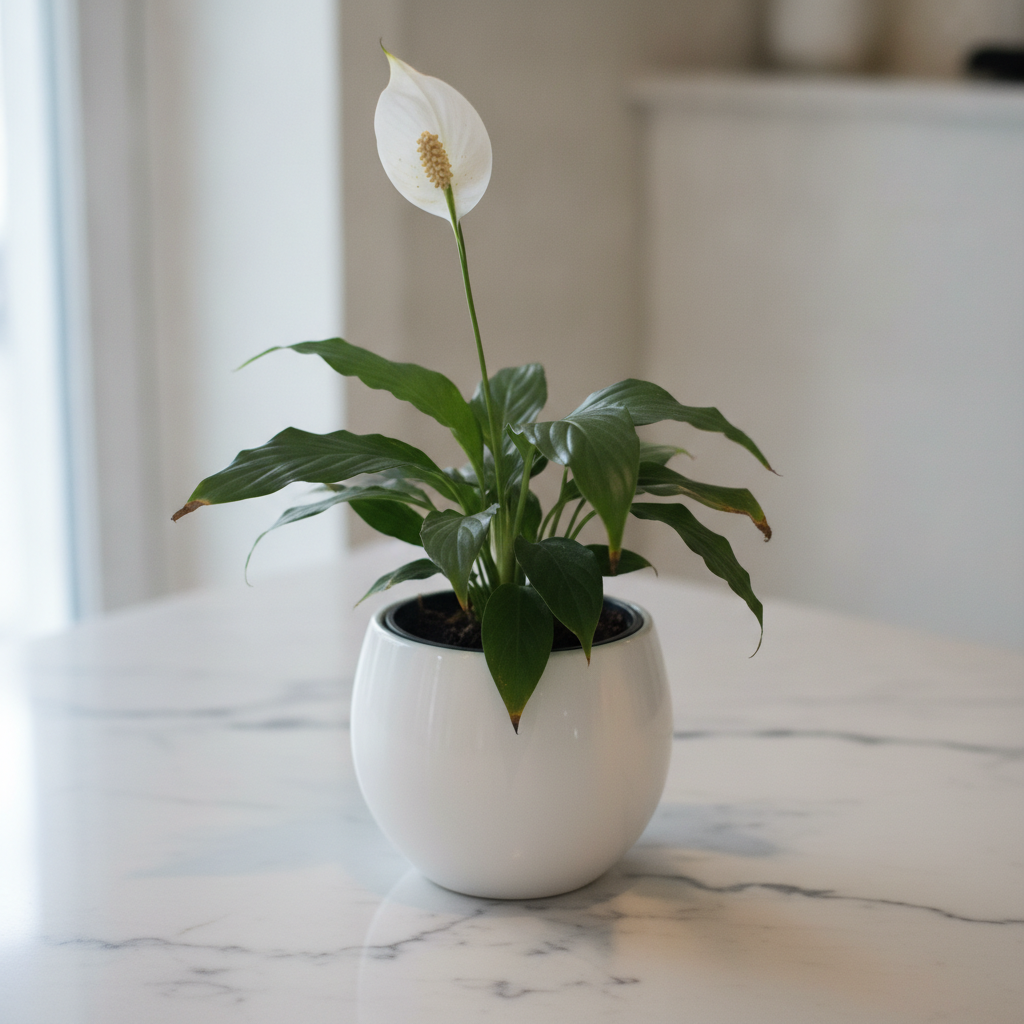 Peace Lily in White Ceramic Pot AI-generated photoreal reference