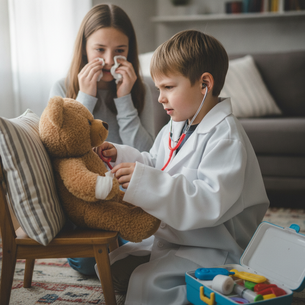 Kid pretending to be a doctor AI-generated photoreal reference