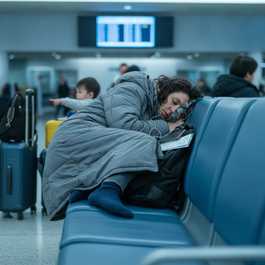 Person napping at airport AI-generated photoreal reference
