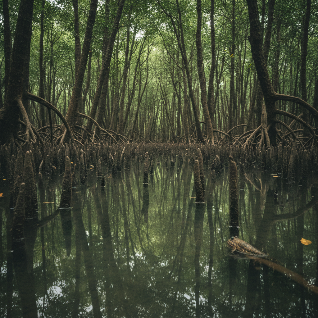 Root cathedral interior, Sundarbans AI-generated photoreal reference