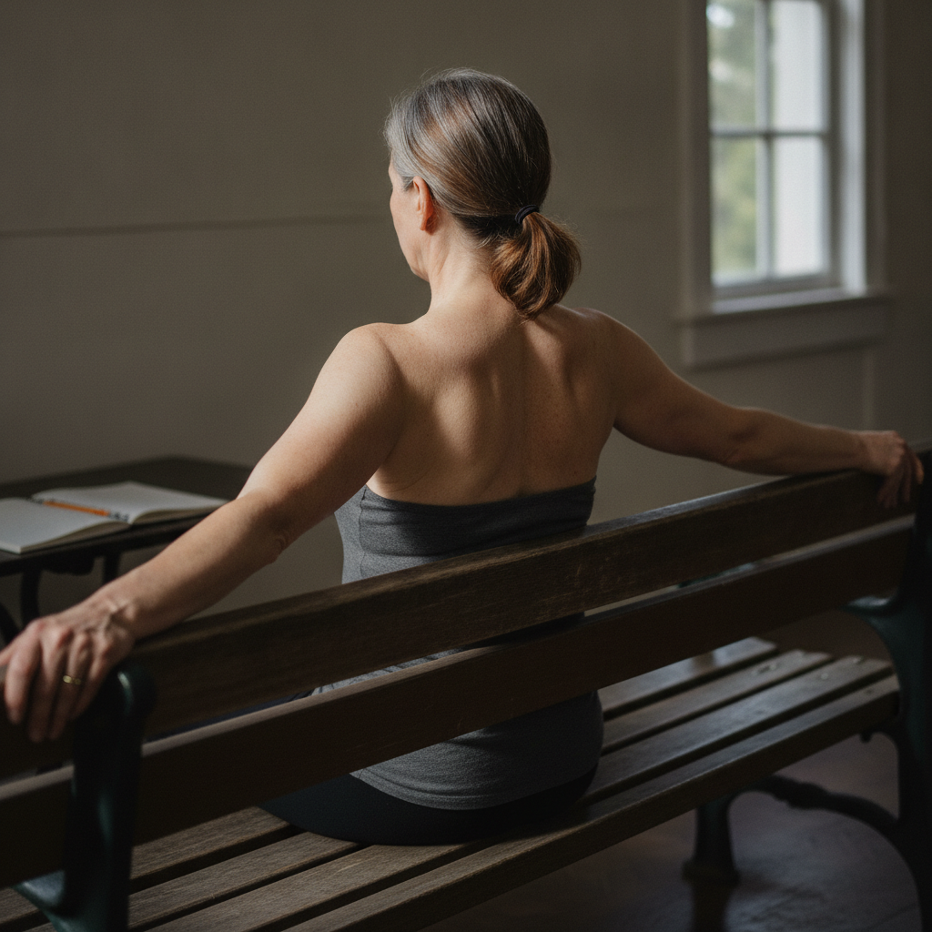White woman 50s on bench, arms back AI-generated photoreal reference