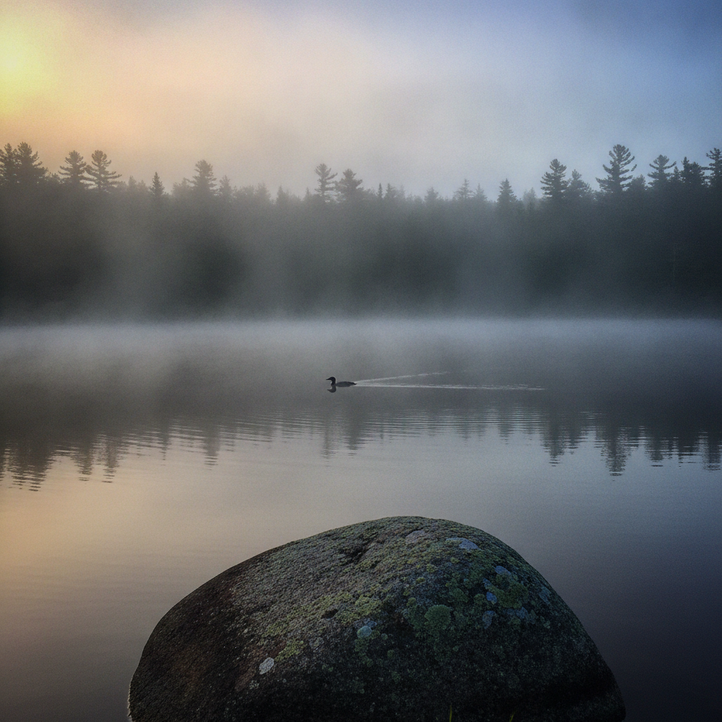 Maine pond fog at dawn, USA AI-generated photoreal reference